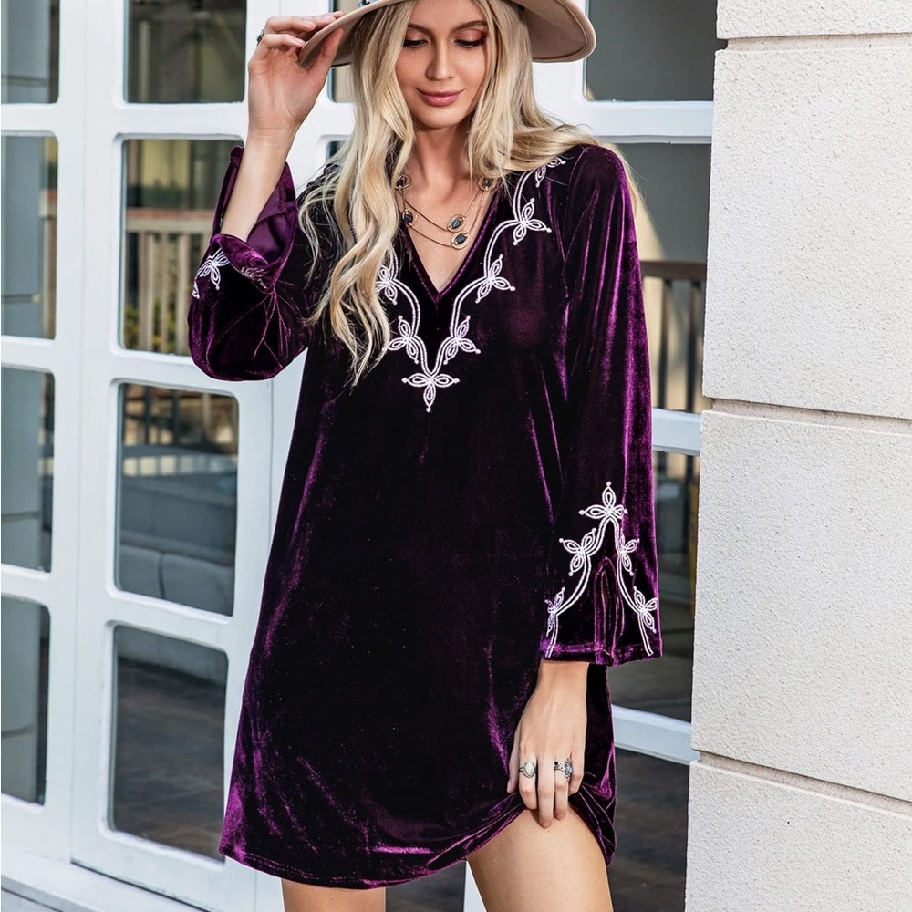 Purple Velvet Dress with Embroidery